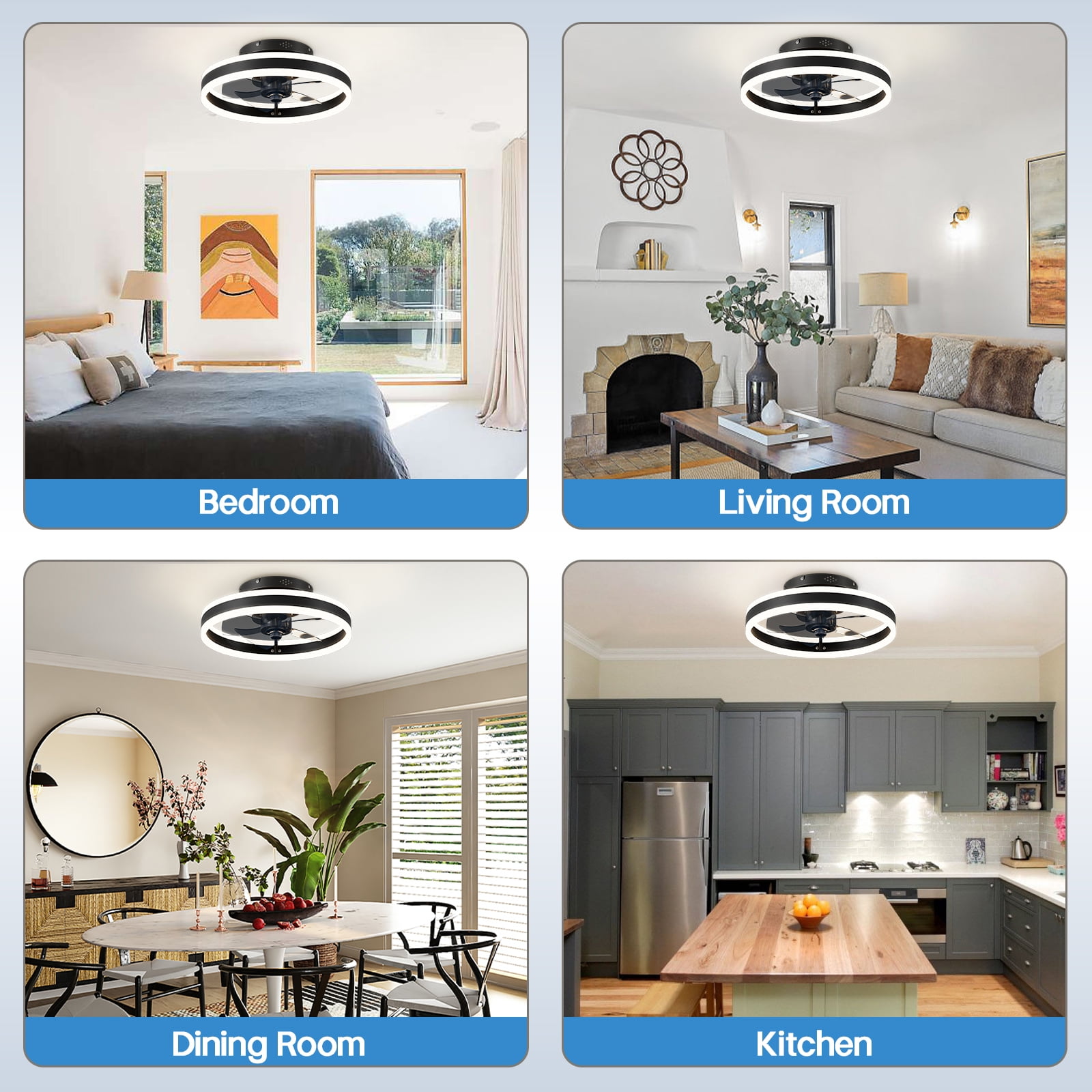 Surnie Low Profile 15.7" LED Small Ceiling Fan with Light - Modern, Semi-Enclosed Flush Mount, Smart APP & Remote Control, 6-Speeds, Black - Perfect for Bedroom and Living Room, 2 Pack