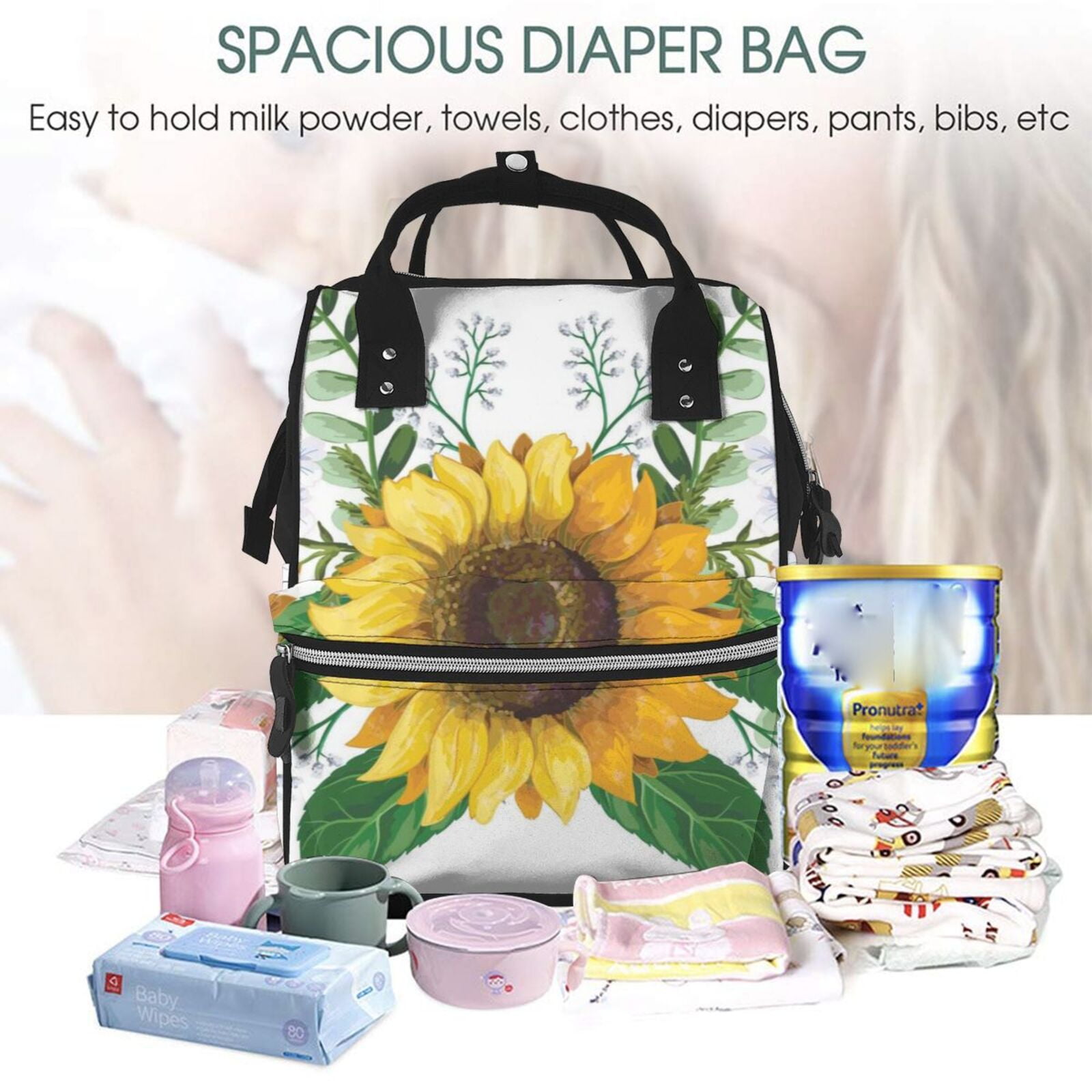 Ratiio Sunflowers (2) Mummy Backpack - Waterproof Twill Canvas, Large Capacity Diaper Bag with Multiple Pockets and Adjustable Straps