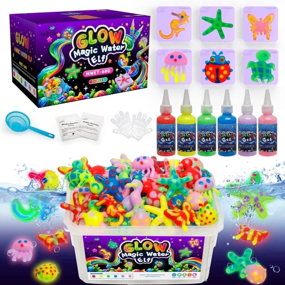 Kiditos Glow in The Dark Magic Water Elf Toy Kit-Squishies for Kids, 6 Gels & 6 Molds, Magic Gel Water Pets Sensory Toy, Fun DIY Craft Kit, Party Favors, Birthday & Summer Gifts for Kids Ages 3