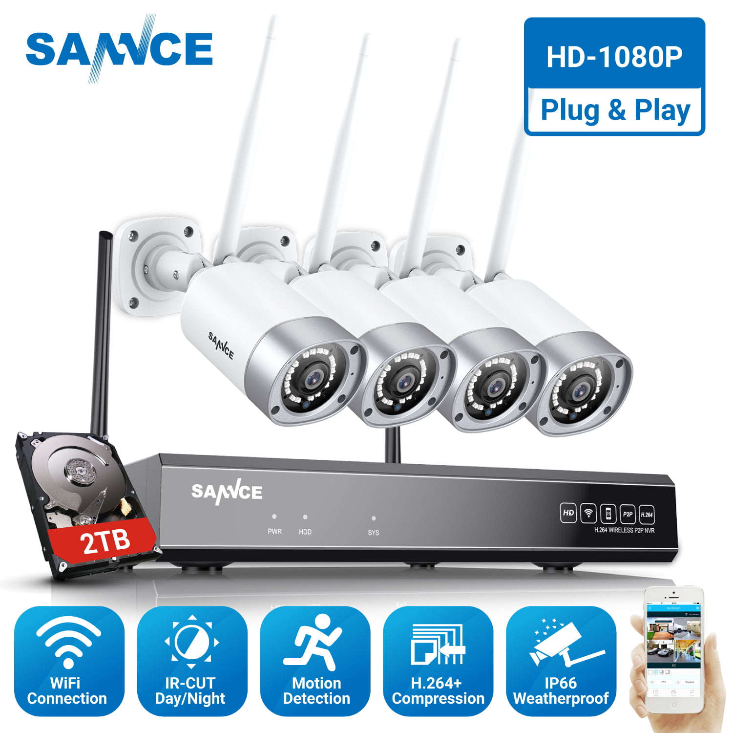 ANNKE 4CH Wireless Home Security Camera System 4 Channel 960P Video Surveillance CCTV NVR Kit 4 720P Wireless Outdoor Indoor WiFi IP Camera 100ft Night Vision 1TB HDD Motion Detection Remote Viewing