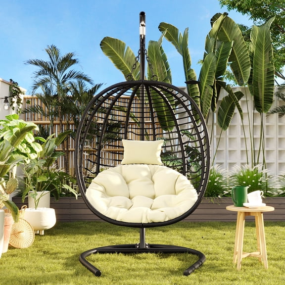 Single Person Folding Egg Chair with Stand,Indoor & Outdoor Hanging Swing Chair, Heavy Duty 330lbs Capacity, Foldable Design, Adjustable Anti-Slip Feet for Patio, Balcony, Garden, Bedroom