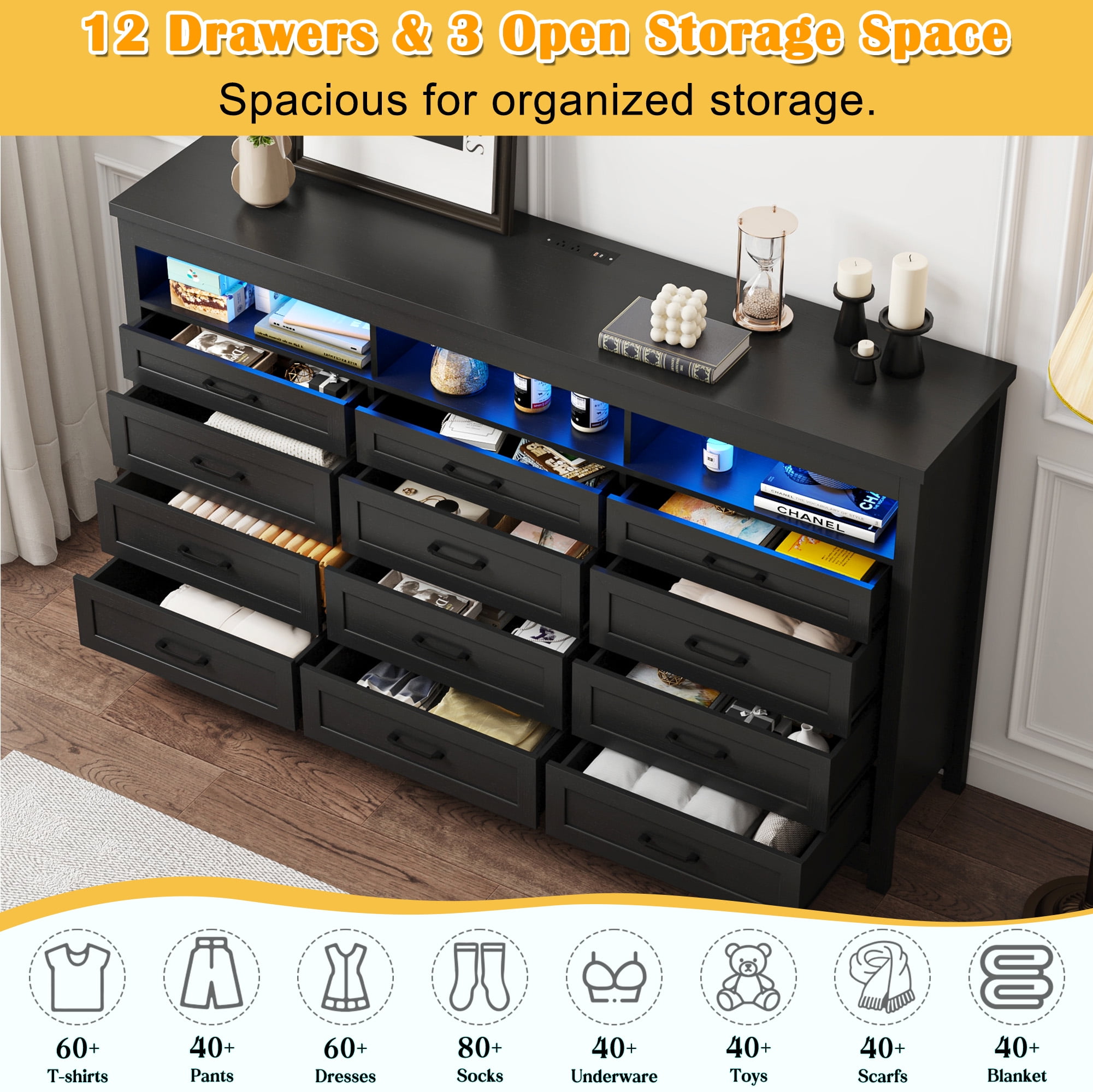 ANPOO 71" Large Farmhouse 12 Drawers Dresser with LED Lights & Power Outlet, 41" Tall Chest of Drawers with Storage & 60000 Colors Lights, Modern Wood Dresser for Bedroom, Living Room, Hallway
