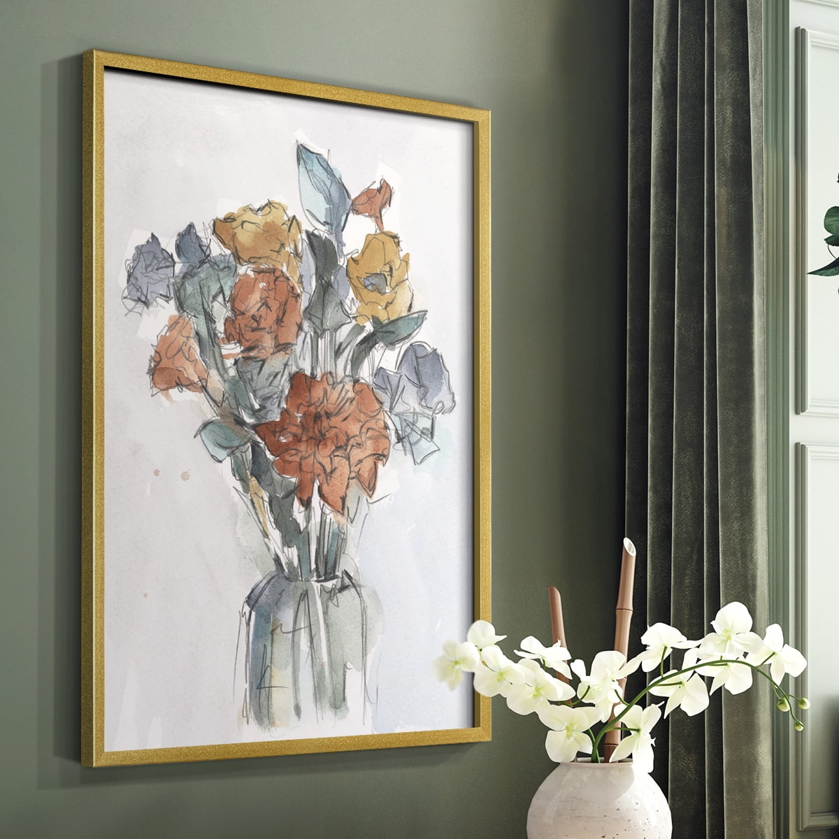 Watercolor Floral Arrangement I Framed Print in Gold Solid Wood 11 x 14 Framed Print