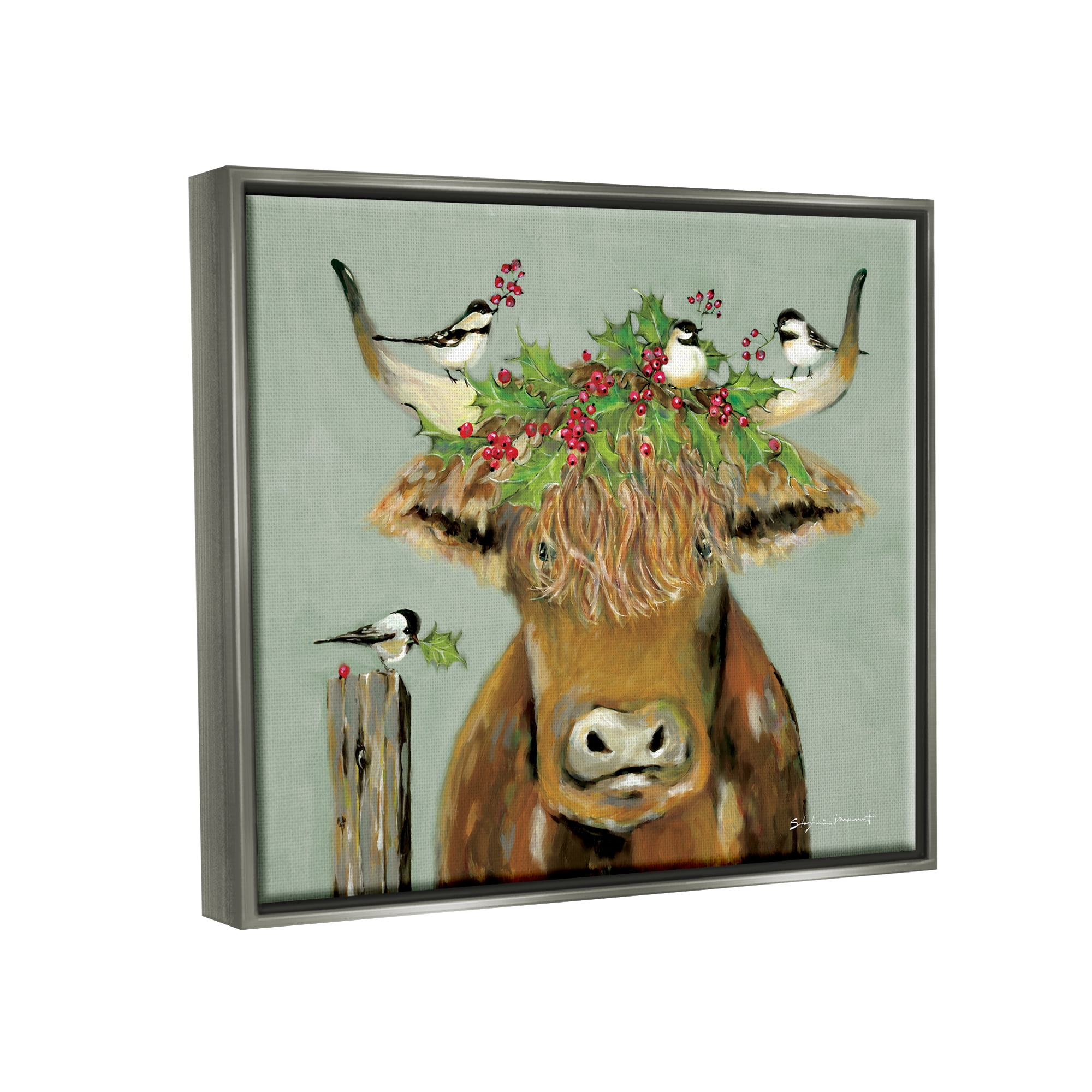 Stupell Industries Cattle & Birds Holiday Holly Holiday Painting Gray Floater Framed Art Print Wall Art