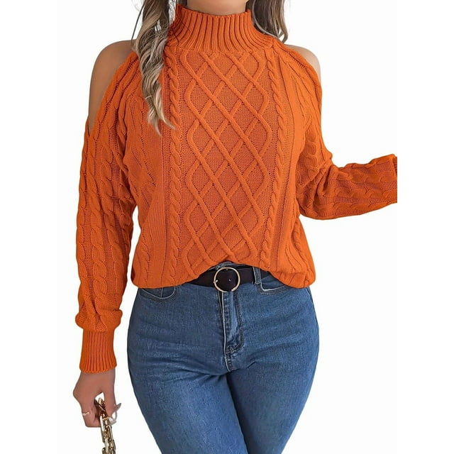 Womens Cold Shoulder Sweaters 2025 Fall Winter Long Sleeve Soft Chunky Cable Knit Pullovers Jumper Tops Orange Color L