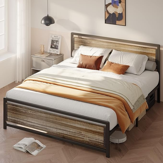 Queen Metal Bed Frame with Wooden Headboard, 15 Heavy Duty Slats, Large Under-Bed Storage, Noise-Free, No Box Spring Needed, Easy Assembly, Retro Rivet Design.