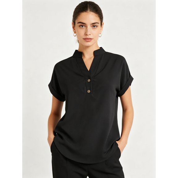 Zynoxe Women's V-Neck Henley Blouse Casual Short Sleeve Rolled Cuff Top Comfort Breathable Cotton Linen Shirts For Women Versatile Loose Solid Color Button Tops Plus Sized Summer Vacation Outfits S