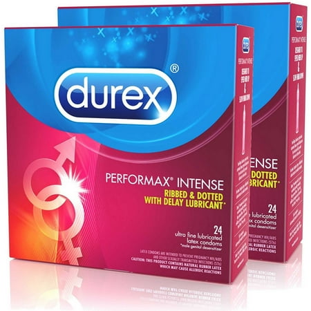 Durex Performax Intense Natural Latex Condoms, Ultra Fine, Ribbed, Dotted with Delay Lubricant, Twin Pack, 48