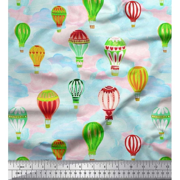 Soimoi Cotton Poplin Fabric Cloud & Hot Air Balloon Holiday Printed Fabric 1 Yard 42 Inch Wide