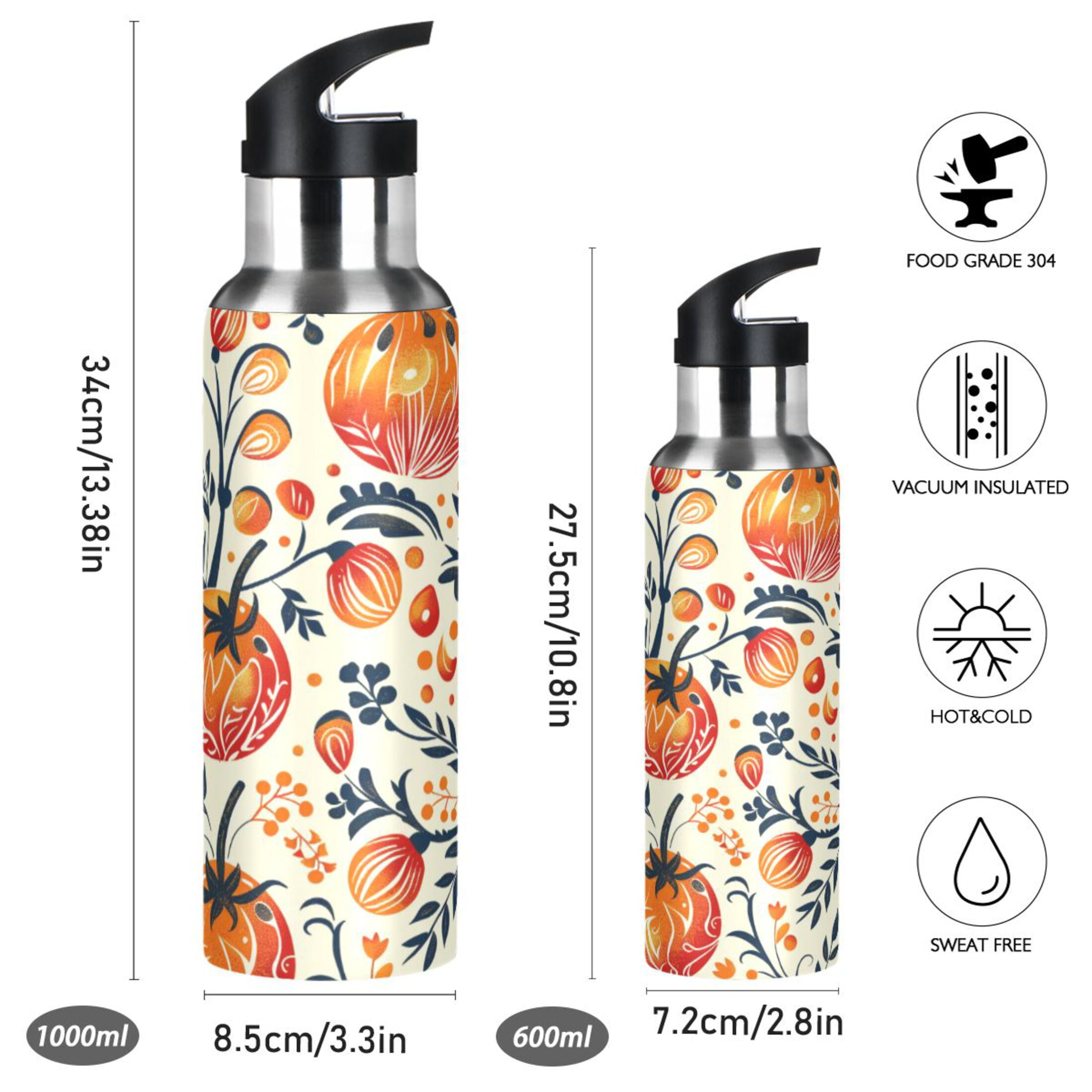 Water Bottles 20oz Straw Lid Wide Mouth Stainless Steel for School Sport Travel Tomato Folk Art