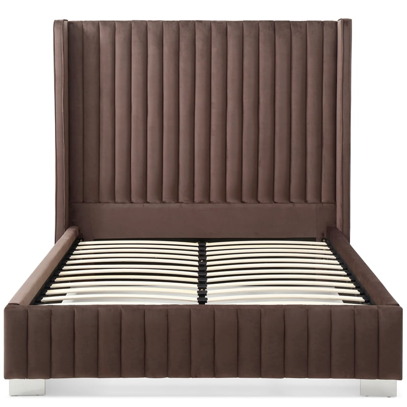 Jeffrey Queen Size Velvet Upholstered Bed Frame in Dark Brown