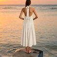 thumbnail image 5 of Women's Halter Maxi Dress, Sexy Backless Cotton Linen Long Dresses, Loose Fit Pleated Front Summer Beach Vacation Boho Sundress, 5 of 8
