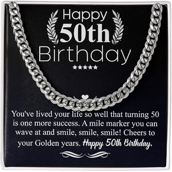50th birthday cuban link chain necklace for him, milestone gift for dad, grandfather or father 50th birthday gift, chain necklace gift with Messege Card