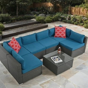 Highsound Patio Furniture Set, 7 Piece Outdoor Sectional Sofa with Coffee Table, All Weather Wicker Conversation Set