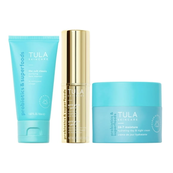 TULA Skin Care Greatest Hits Skincare Discovery Kit, Includes Gold Glow & Get It Eye Balm 0.35 oz., The Cult Classic Cleanser 50ml, 24-7 Moisture Hydrating Day & Night C