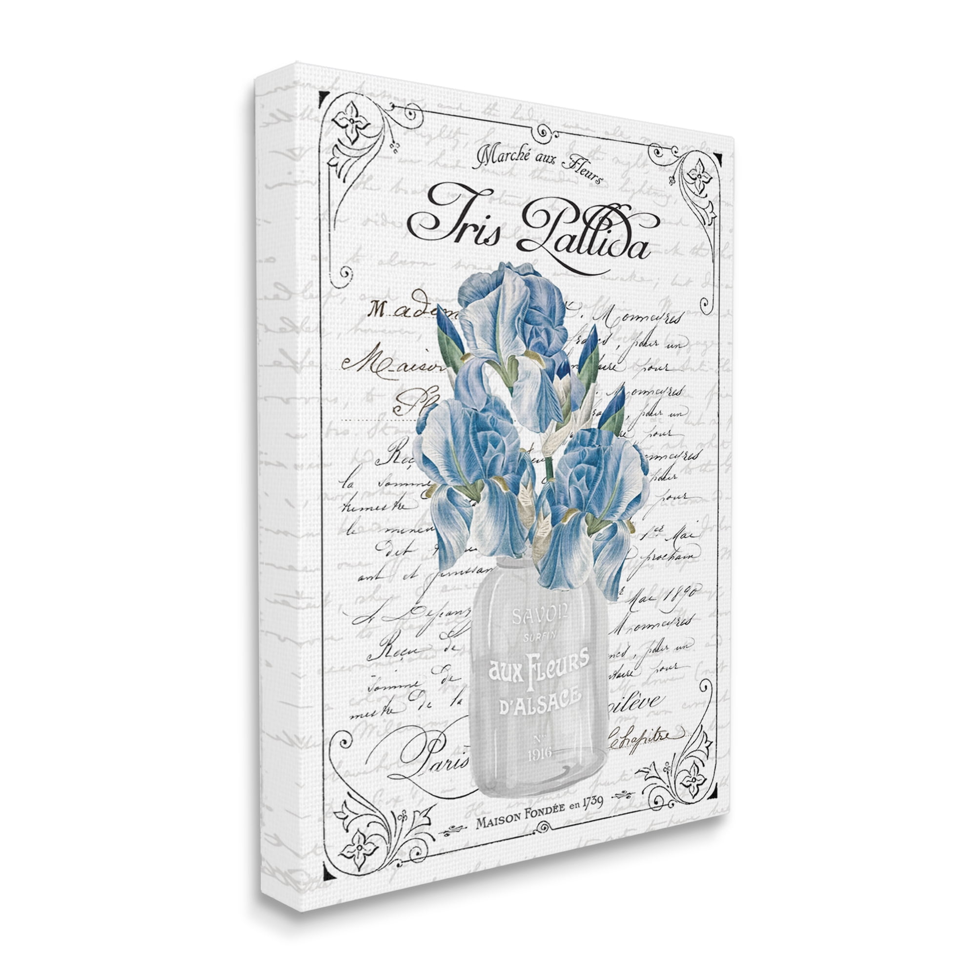 Stupell Industries Delicate Iris Flower Bouquet Ornate French Script Border Graphic Art Gallery Wrapped Canvas Print Wall Art, Design by Lettered and Lined