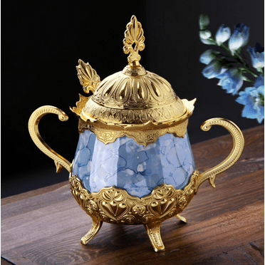 Blue Porcelain Round Sugar Bowl Gold