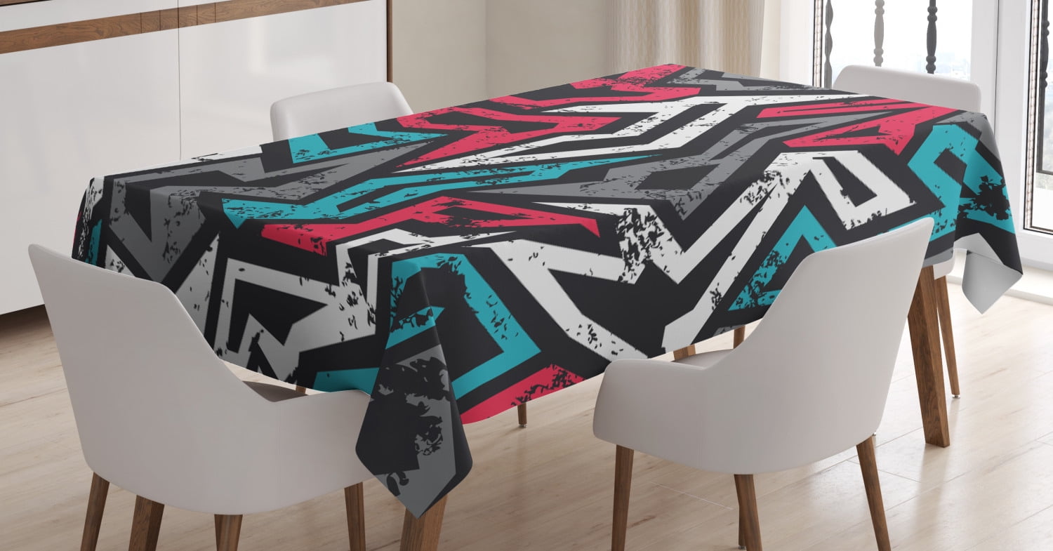 Grunge Tablecloth, Abstract Shapes in Graffiti Art Style Underground
