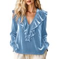 thumbnail image 2 of ClodeEU Women V Neck Ruffle Trim Long Sleeve Velvet Blouse,Casual Elegant Loose Dressy Shirt Light Blue,Women's Plus XXXL, 2 of 6