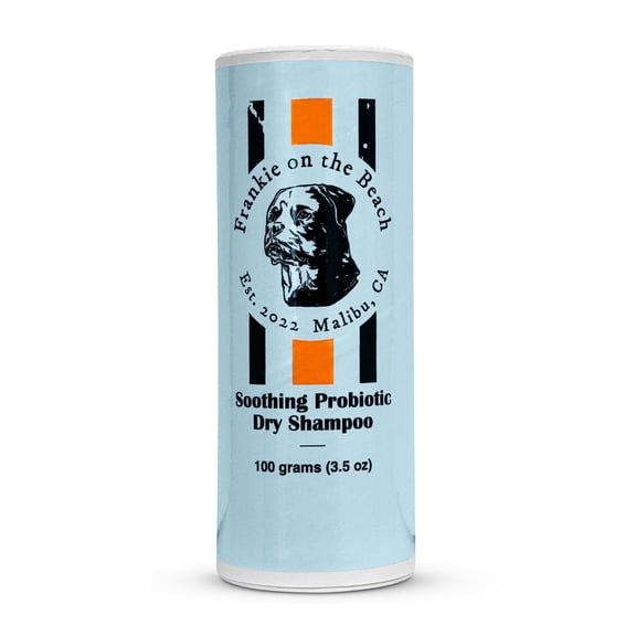 Frankie on the Beach Soothing Probiotic Dry Shampoo for Dogs, Coconut & Pina Colada Scent, Biodegradable Powder in Bottle