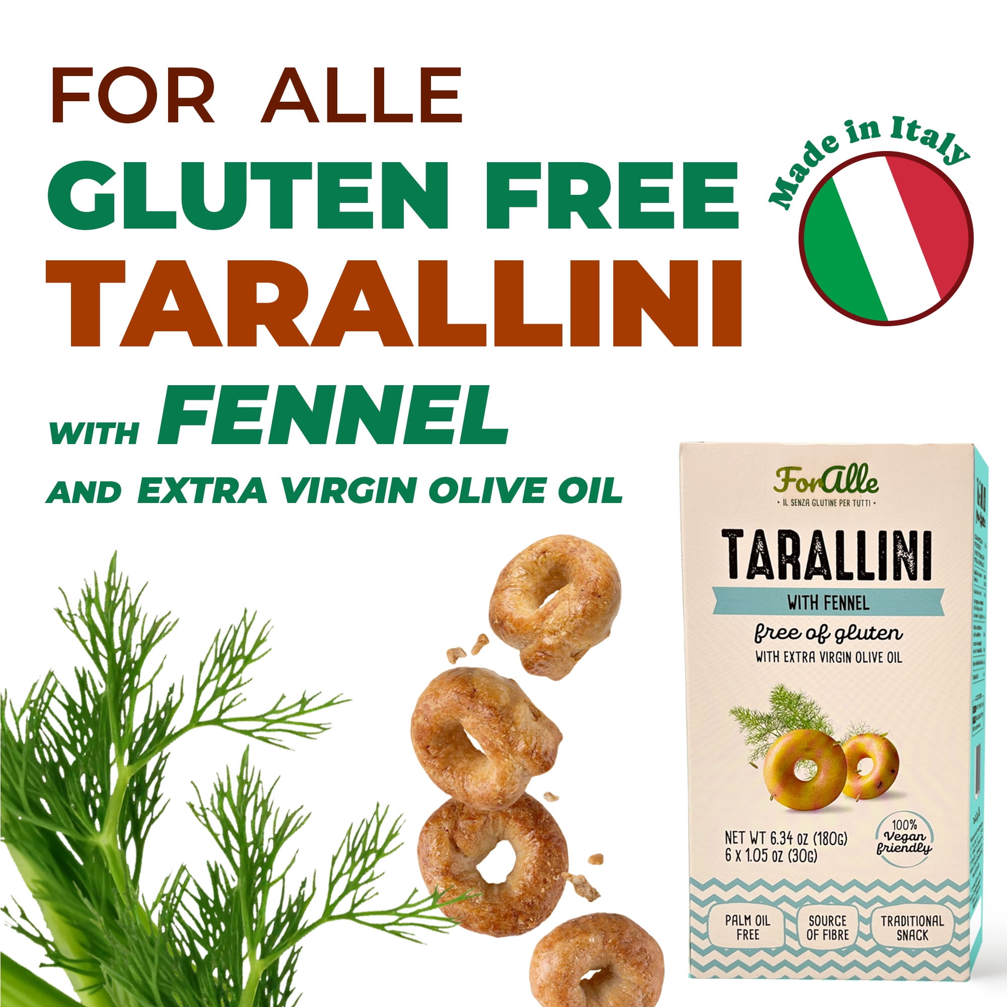For Alle Gluten-Free Tarallini with Fennel and Extra Virgin Olive Oil, 6x1.05 oz (6.34 oz) – Traditional Italian Pugliese Snack. Oven-Baked. Vegan. Cholesterol-Free. (Pack of 4)