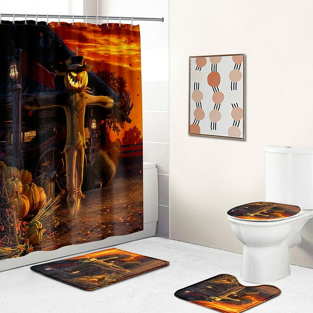 Juego de cortinas de ducha de Halloween para baño, 4 piezas de baño de Halloween con alfombras antideslizantes, tapa de inodoro, alfombrilla de baño, cortina de ducha (espantapájaros aterrador), decor
