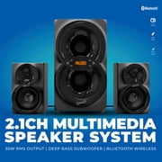 Supersonic 30-Watt-RMS Bluetooth SC-1136BT 2.1 Multimedia Speaker System with Two 3-In. Speakers, 5-In. Subwoofer, FM Radio, USB/Aux, and Remote