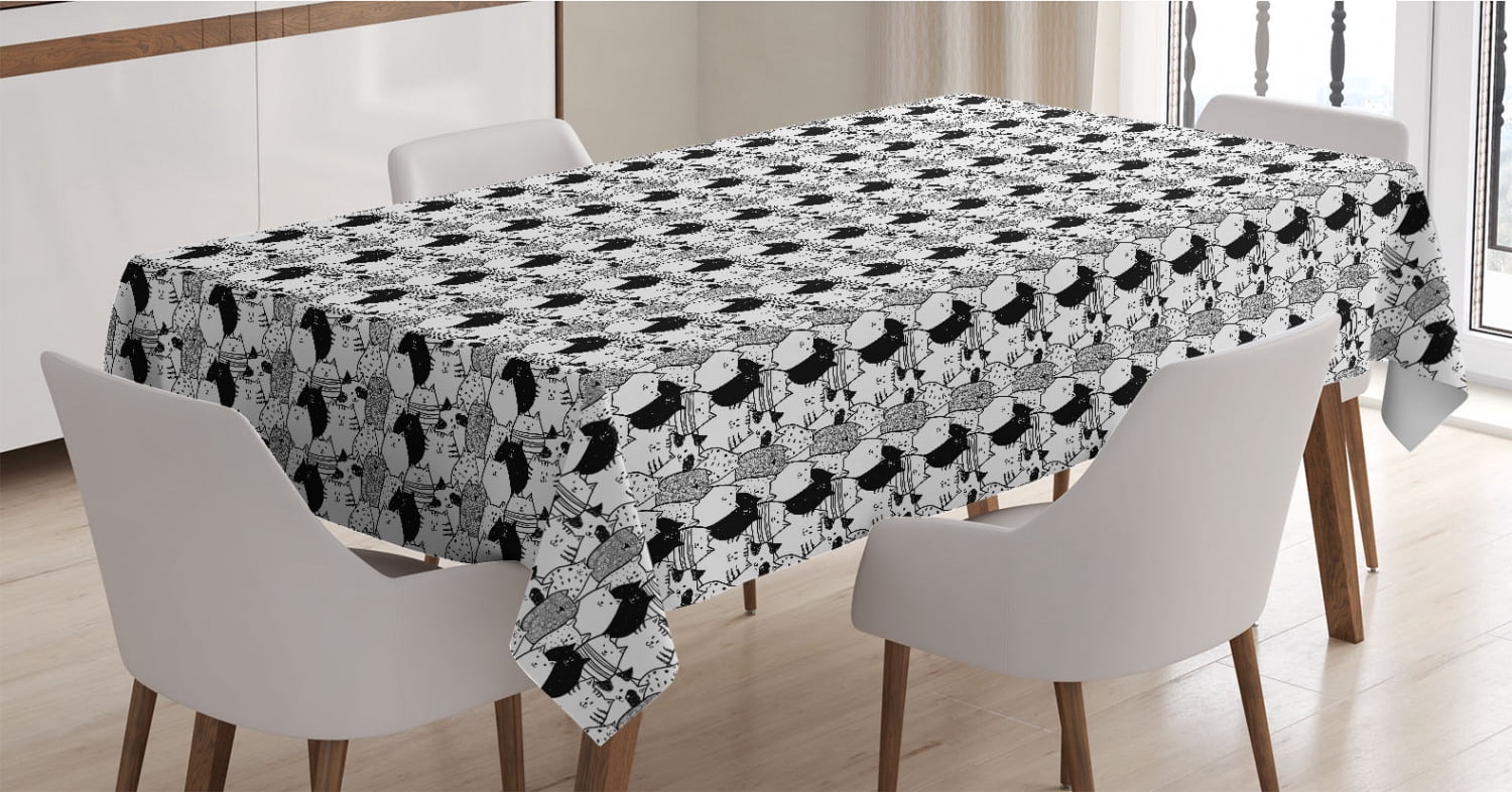 Cat Tablecloth, Monochrome Pattern with Hand Drawn Style Animal ...