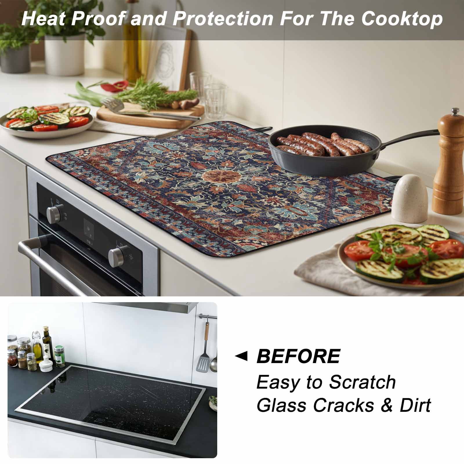 Retro Boho Stove Top Cover for Electric Stove, Heat-proof & Non Slip Glass Top Stove Cover Protector, Rustic Flowers Modern Geometric Abstract Art Kitchen Flat Cooktop Rubber Mat 24x21 Inches