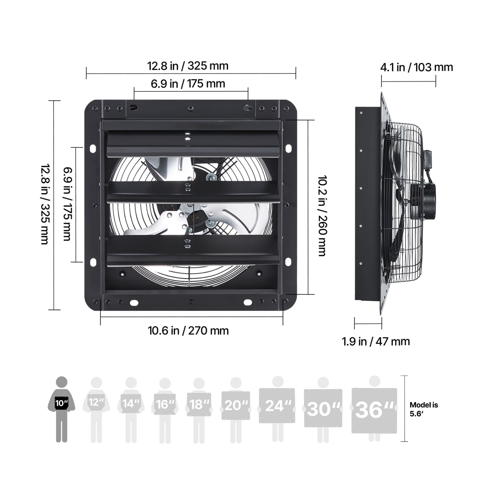 KFFKFF 10-Inch Wall-Mounted Shutter Exhaust Fan with Adjustable Speed, 900 CFM, Durable Steel Construction, Quiet Operation for Ventilation in Sheds, Garages, and Greenhouses, Black