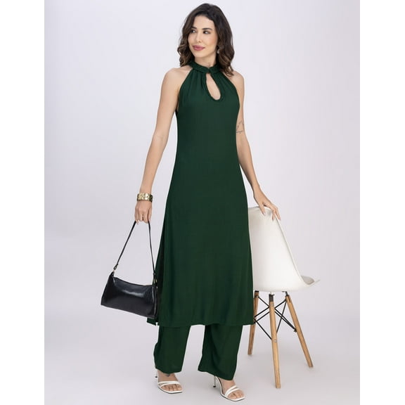 Moomaya Women's Crinkle Rayon Kurta Palazzo Set | Sleeveless Halter Neck Ethnic Fusion Outfit | Soft & Comfy 2-Piece Indian Wear With Pockets