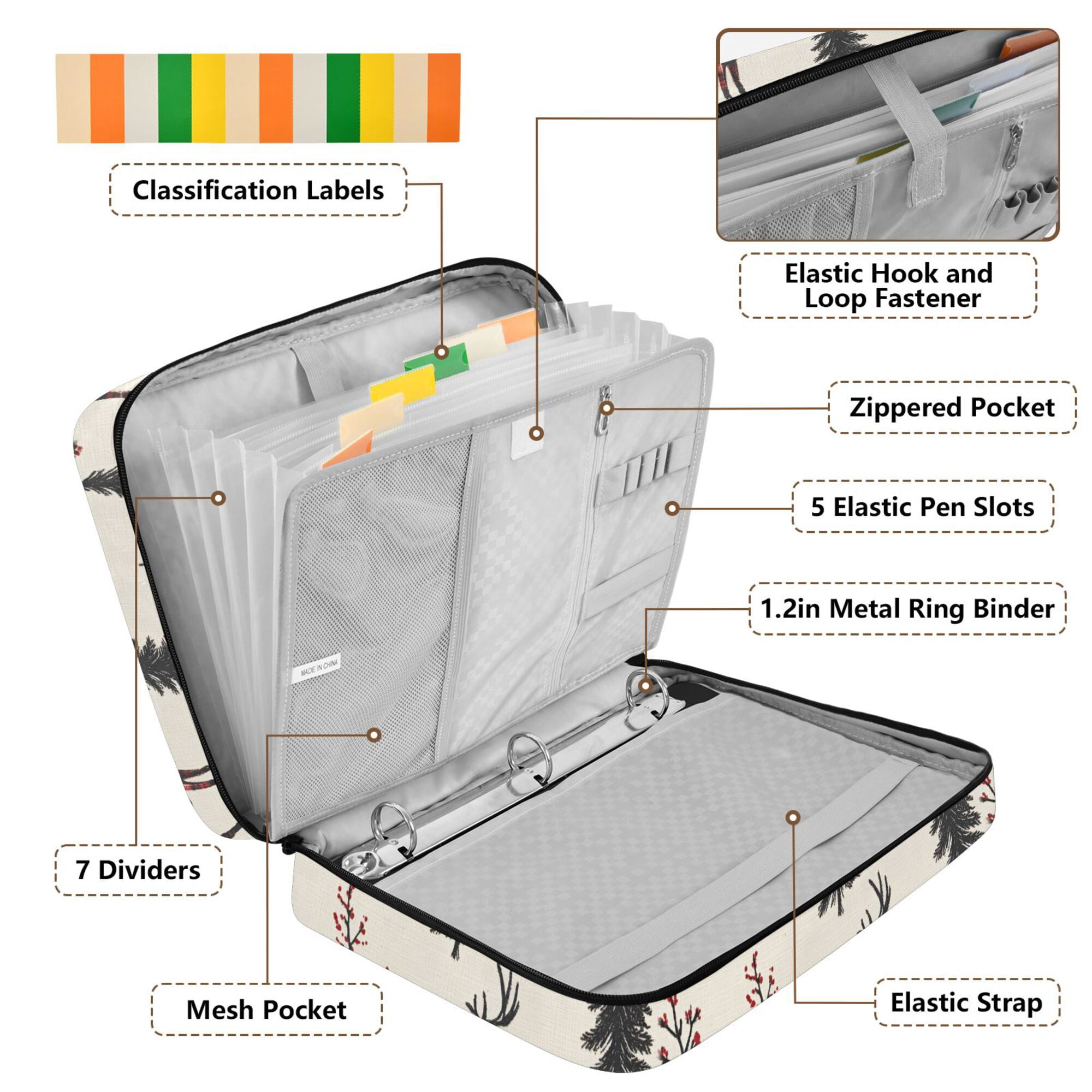 FORMRS Accordion File Folder A4 Size 7-Pocket Expanding Document Organizer Bag with 3 Ring Binder, Beige Christmas Plaid