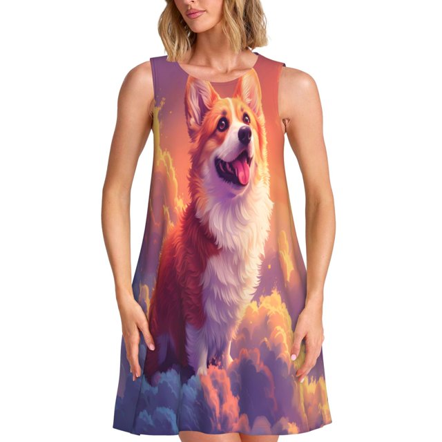 Easygdp Sunset Cloud Corgi para Vestido Transpirable de Mujer, Vestido Suelto de Manga Corta con Pliegues y Bolsillos para el Verano