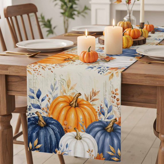 Navy Blue Pumpkins Fall Cotton Linen Rectangle Table Runners 13"x48", Thanksgiving Weeping Leaves Coffee Table Runner Dresser Scarves Luxury Table Runners for Wedding Party Banquet Dinner Decor