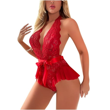 Mrat Lingerie for Women Lace Teddy Bodysuit V Neck One-Piece Lingerie Nightgown S-35 Red-A XXL