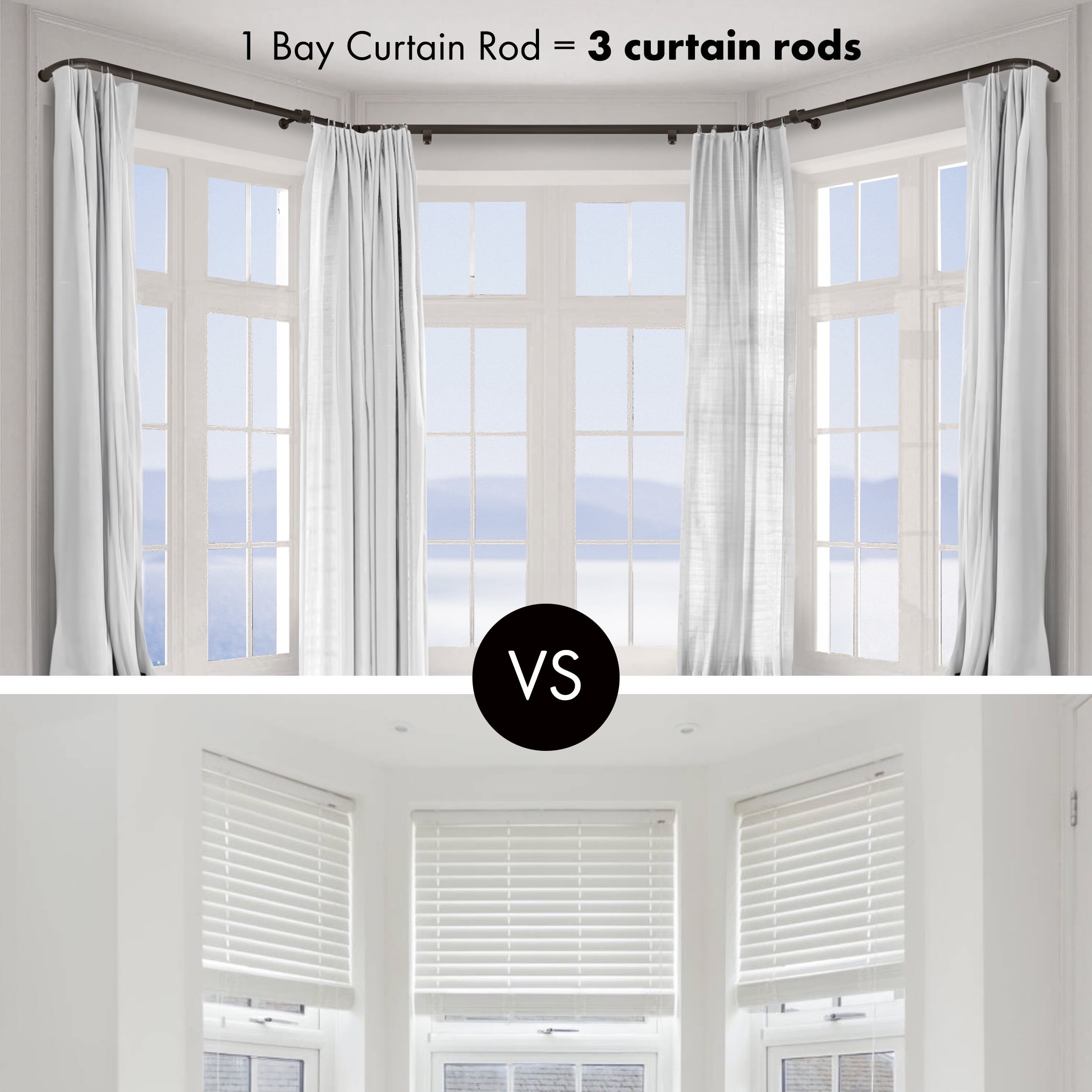 MERIVILLE 1" Bay Window Curtain Rod Set, Adjustable Side 20–37" and Center 38–72", Single Rod, Oil-Rubbed Bronze