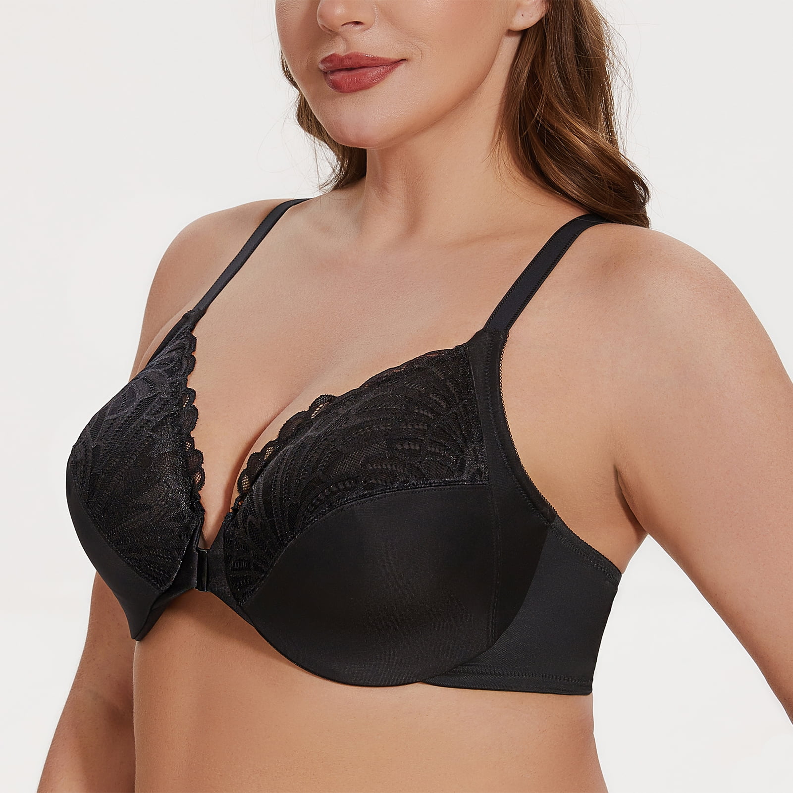 MELENECA Women's Racerback Front Closure Lace Unlined Plus Size Full Coverage Underwire Bra Black 44B