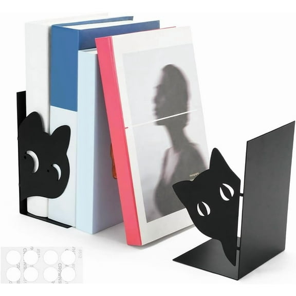 FACAILGZPY Metal Book Ends, Black Large Metal Bookends for Shelves, Cat Book Stopper for Heavy Books, Non-Skid Bookstand for Home Office, 6.5 X 4.7 X 3.5 Inch