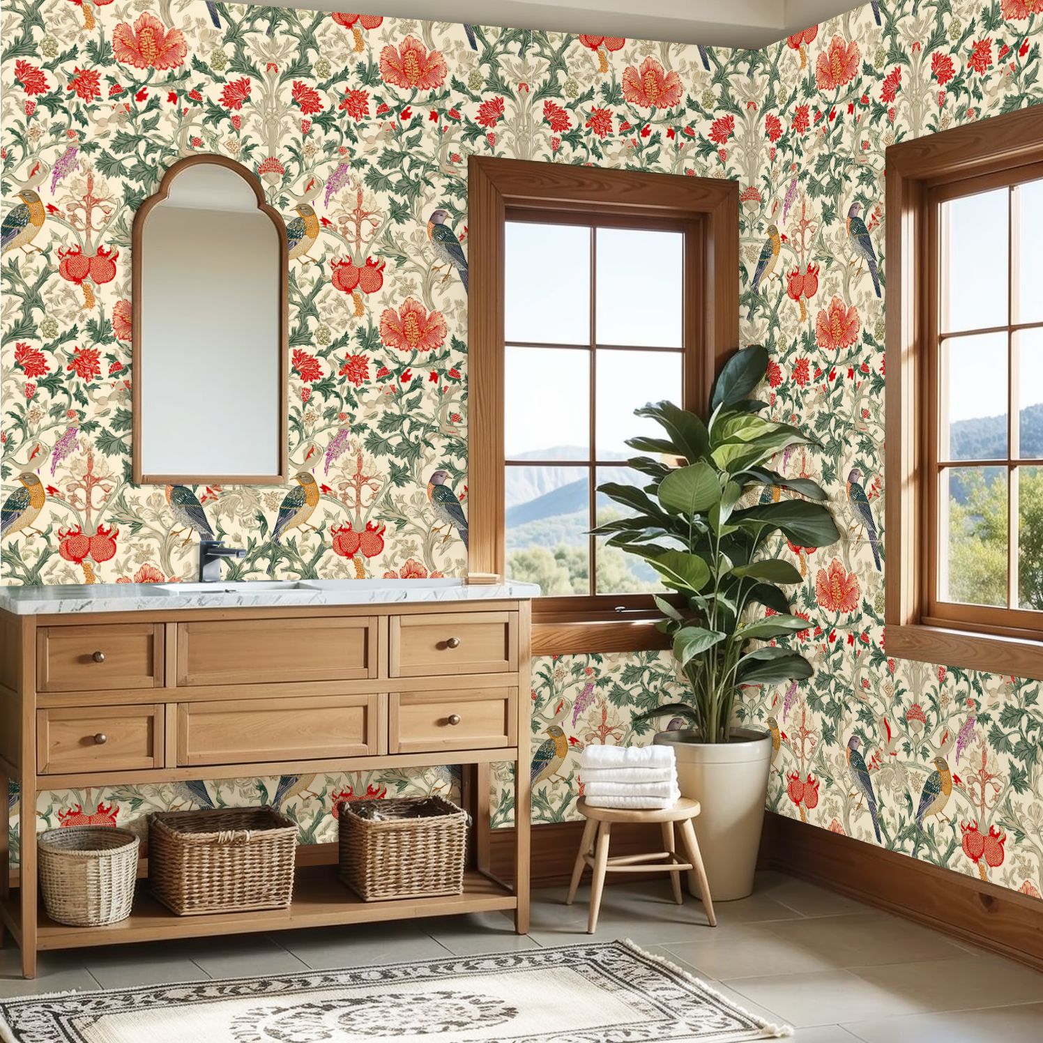 Farmhouse Peel and Stick Wallpaper Vintage Botanical Birds Red Flowers Arts Crafts Wall Mural 23.6in x 9.8ft Self Adhesive Removable Wall Paper Renter Friendly Wallpaper for Bedroom Cabinets