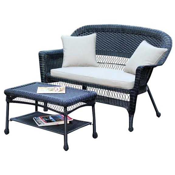 Afuera Living Wicker Patio Love Seat & Coffee Table Set - Black with Tan Cushion