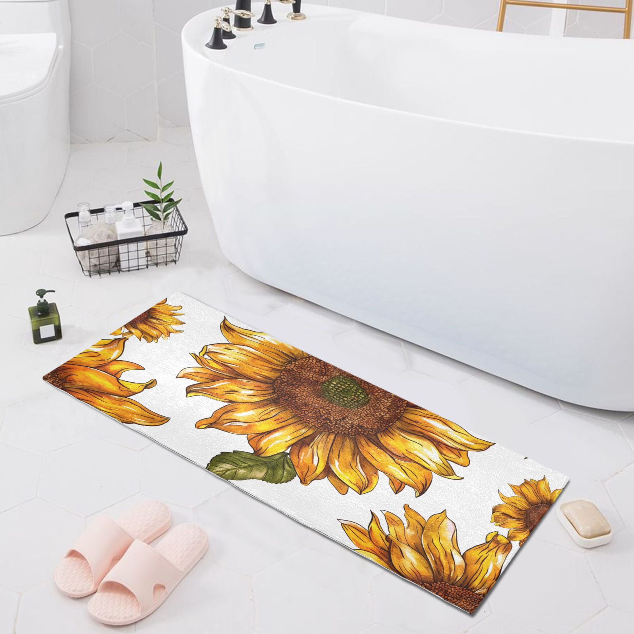 Sunflower in White Bathroom Rug 39x20 Non Slip Quick Dry Washable Bathroom Mats for Bedroom Living Room Kitchen