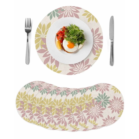 Geometric Flower Round 15 Inch Placemats Set of 8, Vintage Country Floral Pink Green on Linen HeatResistant Non Slip Place Mats for Dining Table, Wipeable Braided Kitchen Table Mats for Housewarming