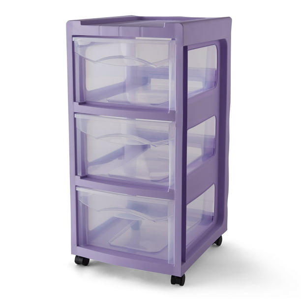 Medium Open Side 3 Drawer Lilac Cart, Purple Storage Bins With Drawers