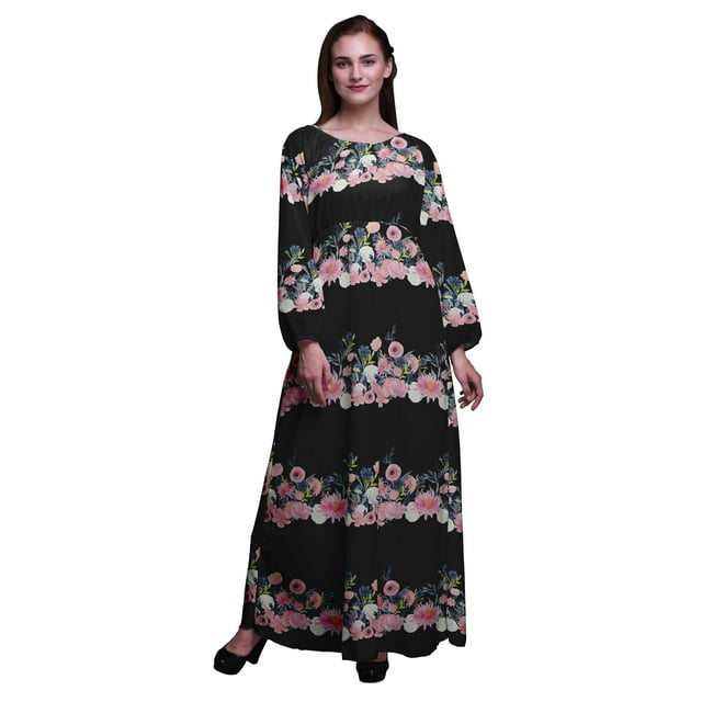 Bimba Moss Georgette Ranunculus & Chrysanthemum Floral Printed Womens Long Sleeve MaxiDressElastic Waist Gown-Large