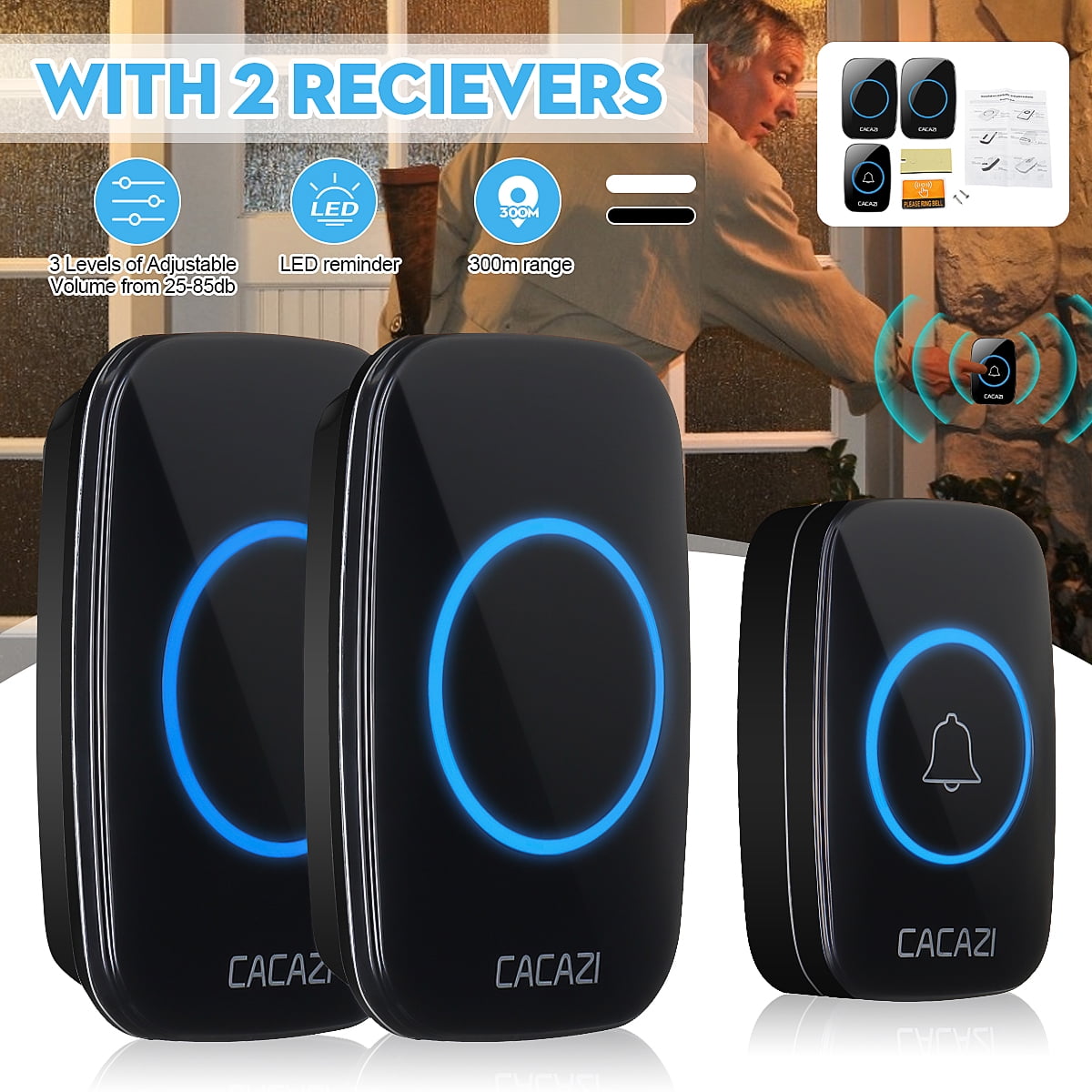 2 Receivers Details about   Wireless Doorbell Home Office Remote Control Chime 1 Transmitter 