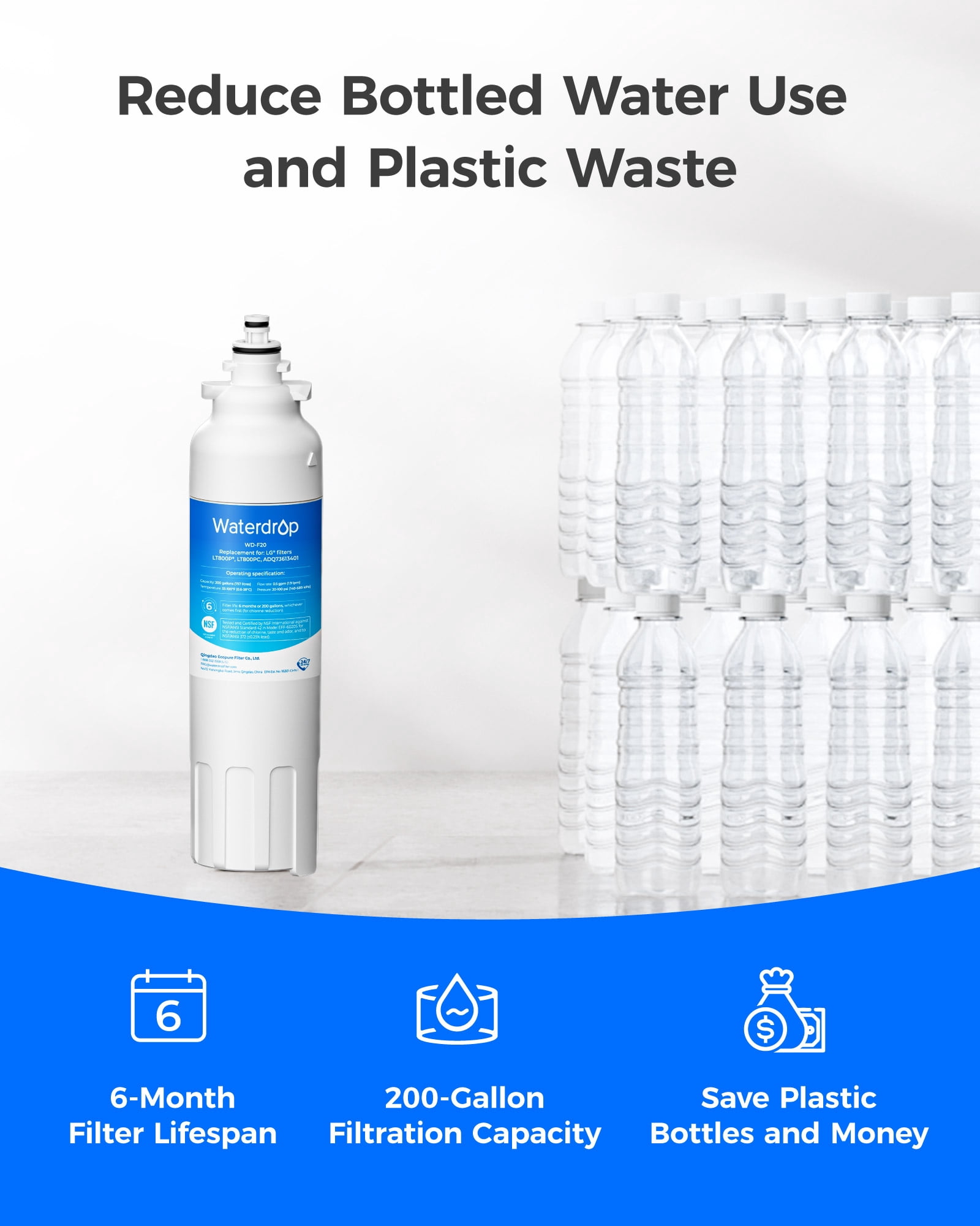 Waterdrop ADQ73613401 Refrigerator Water Filter, Replacement for LG® LT800P®, ADQ73613408, ADQ75795104, ADQ73613402, Kenmore 9490, 46-9490, LSXS26326S, LMXC23746S, LSXS26366S, WD-F20, Pack of 6