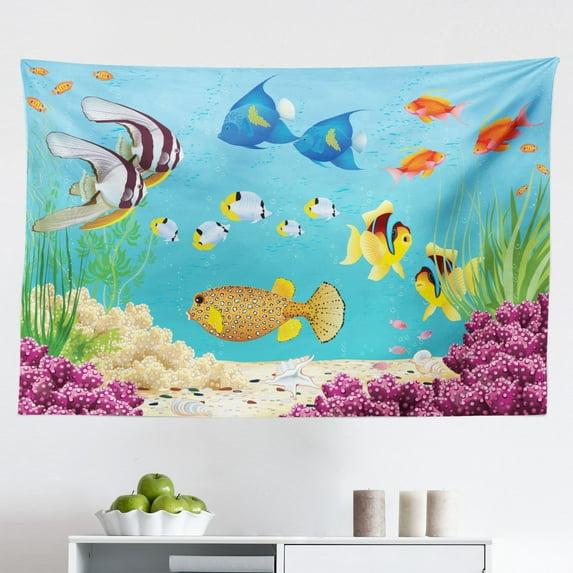 Aqua Tapestry, Tropical Fish Animal with Zebrasoma Anemonefish Dive Nemo Aquatic Life Theme, Fabric Wall Hanging Decor for Bedroom Living Room Dorm, 2 Sizes, Multicolor, by Ambesonne