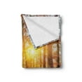 thumbnail image 2 of Forest Soft Flannel Fleece Blanket, Foggy Sunset Vibrant Sunbeams Rural Country Woodland in Fall Scenery Image, Cozy Plush for Indoor and Outdoor Use, 50" x 60", Orange Brown Yellow, by Ambesonne, 2 of 5