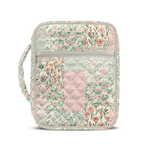 chaqlin Quilted Bible Bag for Women Rose Floral Patchwork Large Book Carrying Case for Women Waterproof Bible Cover Cases Book Protector with Handle and Front Pocket