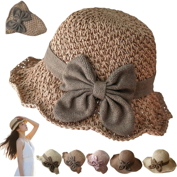 Elegant Woven Straw Sun Hat with Bow Womens Straw Hat Foldable Wide Brim Floppy Beach Hat for Women Crochet Hats for Women